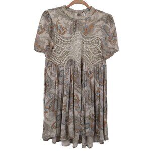 Free People Paisley Dress Womens M Beige Boho Hippie Feminine Romantic Cottage
